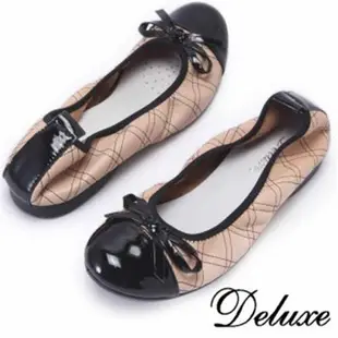 【Deluxe】可愛漆皮鞋頭菱格紋娃娃鞋(白★粉)-199-8