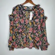Topshop Womens Black Floral Peasant Blouse Size 8 Semi Sheer Ruffled Keyhole