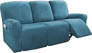 8 Piece Recliner Chair Cover Velvet Stretch Reclining Sofa Cover Couch Cover for 3 Cushion Seat Sofa Slipcover Furniture Covers Form Fit Removalable Thick Soft (3 Seater, Peacock Blue)