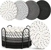 AIMALL 8-Piece Braided Cotton Rope Coasters with Storage Rack, 4.33-Inch Heat Resistant Drink Mats for Coffee, Tea, Dining