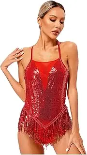 [Hedmy] Women Sparkly Sequins Fringed Leotard Latin Dance Outfits with Gloves Ballroom Performance Party Dress