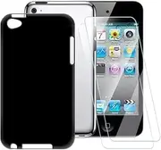 ESACMOT Pure Black Case Compatible with iPod Touch 4 + [2 Pack] Screen Protector Tempered Glass, Shockproof Case Cover for iPod Touch 4 (3.5 inch)