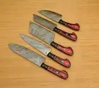 Custom Handmade Damascus Chef set Of 5pcs With Leather Cover, Kitchen Knife