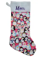 Pink Penguin and Snowmen Christmas Stocking Custom Embroidered