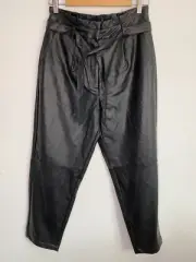 Sussan Pants Womens Small Black Faux Leather Tie Belt Zip Pockets Straight NWT