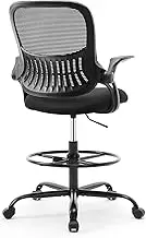 Sweetcrispy Tall Drafting Desk Chair - Ergonomic High Stool Computer with Adjustable Height and Comfy Lumbar Support, Office Rolling Counter for Standing Desk with Flip-up Arm and Footrest, Black