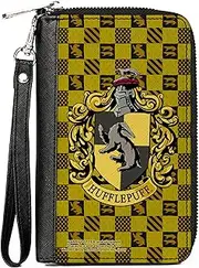[Buckle-Down] The Wizarding World of Harry Potter Wallet, Zip Around, Hufflepuff Crest Heraldry Checkers Golds Black, Vegan Leather, 7.5"x4.5", Casual