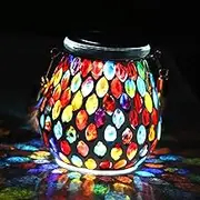 Outdoor Solar Lights with Multiple Color Mosaic Glass Jar, Solar Powered Lanterns Night Hanging Lights Table LED Lamps for Camping Patio Balcony Backyard Garden Fence Decor (Multi-Red)