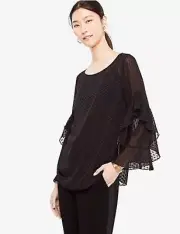Ann Taylor Women Black Chiffon Swiss Dot Sheer Ruffle Sleeve Blouse Top XXS XS