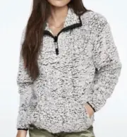 NWT VICTORIA'S SECRET PINK SHERPA QUARTER ZIP FROSTED MARL GRAY PULLOVER SMALL