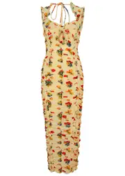 DE LA Vali Pampato Printed Ruched Chiffon Midi Dress - Yellow - 12 (UK12 / M) 12 (UK12 / M)