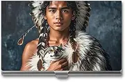 [RKJVB] Business Card Holder Indigenous People And Wolves Slim Business Card Case Professional Name Card Holders Purse Name Card Organizer Minimalist Pocket Card Cases for Men Women, Indigenous People