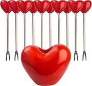 Lunch for Kids, Fruit Picks - Stainless Steel Cute Forks with Holder, Set of 10, Heart Shape Design, Reusable Metal Sticks for Fruit, Dessert, Cocktail, Appetizers - Portable Clean for