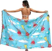 [RPLIFE] Whimsical Giraffe Red Blue Beach Sarong Cover Up, Pool Sarong Women, Beach Sarong Women, Summer Sarong, Whimsical Giraffe Red Blue, Medium