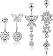 [Niaspi] 4Pcs 14G Stainless Steel CZ Dangle Belly Button Rings for Women Sparkling Flower Butterfly Round Diamond Belly Rings Dangling Belly Navel Barbell Studs 3/8" Body Piercing Jewelry