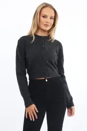 Grey Fitted Cardigan Buttons Up Crew Neck - Size 12M, Women's Fitted Cardigan