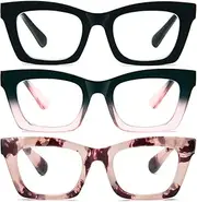 REAVEE 3 Pack Oprah Style Reading Glasses for Women Blue Light Blocking, Cute Oversized Square Computer Readers Spring Hinge