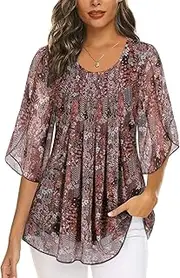 [Akiooue] Womens Blouse Ruffle Sleeve Pleated Tunic Tops Loose Flowy Chiffon Top Ladies Crew Neck Double Layers Mesh Shirts S-3XL