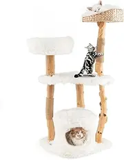 Costway 124 CM Tall Wooden Cat Tree, Solid Wood Cat Tower with Jute Scratching Posts, Cat Condo, Cattail Fluff Top Perch, Multi-Layer Cat Activity Center, Modern Cat Climbing Furniture for Indoor Cats