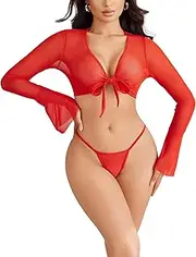 [Avidlove] Lingerie Sets for Women Sexy Going Out Sheer Top Long Sleeve Mesh Crop Tops See Through Bell Sleeves Top
