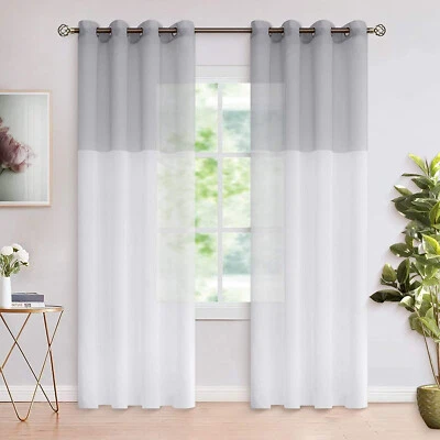 BGment Sheer Curtains 52 x 84" Grey to White Color Block * 2 Panels * Grommet