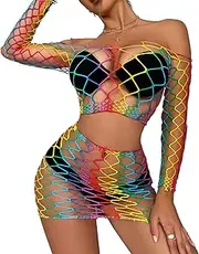 [Zylphorix] Women Fishnet Lingerie Set Crop Top Mesh Shorts Two Piece Sets See Through Bodysuit Babydoll