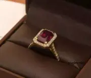 14K Yellow Gold Finish 1.54CT Emerald Cut Red Ruby Engagement Halo Jewelry Ring