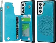 Cavor for Samsung Galaxy S21/ S21 5G Case Flower PU Leather Wallet Flip Magnetic Clasp Protective Back Cover Kickstand with Lanyard Card Slots Holder Shockproof Case-Horizontal Mandala Blue