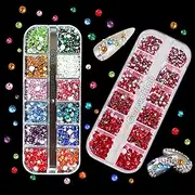 2 Boxes Colorful Glass Crystals of Flatback Rhinestones, Multi Sizes 3D Nail Art Gems Stones for Nails Crafts and DIY Decoration (Multicolor + Red)