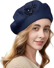 [Gajaous] Flower Embroidery Beret Hat for Women, French Style Knitted Beret Hats, Stylish Solid Color Beret Cap for Women Girls Lady