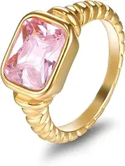 [Melhill] Titanium Steel Pink Cubic Zirconia Ring Gold Plated Hypoallergenic Everyday Wear Elegant Jewelry for Women Size 7