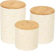 Set of 3 Kitchen Canisters for Countertop with Bamboo Lids, Cream Gold Geometric