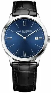 Baume & Mercier Classima Blue Dial Black Leather Date Quartz Mens Watch MOA10324