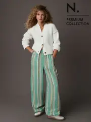 Green Stripe N. Premium 100% Linen Wide Leg Pull-on Trousers (E60776) | $101