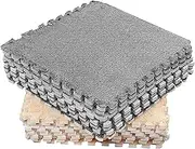 10pcs Plush Foam Floor Mat, Cuttable Soft Rug Play Mat Color Blocking Plush Puzzle Interlocking Square Interlocking Carpet Tile Flooring Climbing Area Rugs for Home Playroom (Grey)