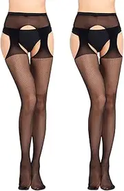 [UILYNIU] 2 Pairs Women Sexy Elastic High Waist Stockings Garter Belt Stockings Fishnet Stockings Garter Belt High Waist Tights, Garter Tights for Women Stockings, One Size (Black), Black/White, Talla