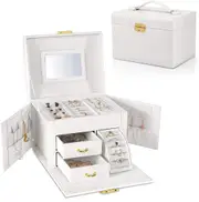 Large Capacity Jewelry Organizer Box with Mirror and Lock - Pearl White