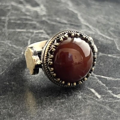 Mens Oval Brown Agate Gemstone Silver Ring, Silver Agate Stone Ring