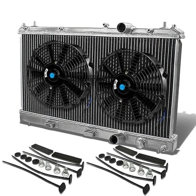 NEON MT/MANUAL TWO/DUAL ROW/CORE ALUMINUM CHROME RADIATOR+10" BLACK COOLING FANS