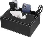 Sumnacon PU Leather Household Office Rectangular Tissue Box with Remote Control Storage Organizer Box - Elegant and Stylish Home Napkin Holder Desktop Tissue Paper Holder Desk Storage Organizer, Black