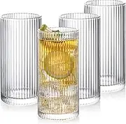 Drinking Glasses Set of 4, 12oz Ribbed Glassware Vintage Whiskey Glasses Embossed Glass Tumblers Cocktail Glasses Water Glasses for Beer Juice Whiskey Cocktail Milk(7x7x14.4cm)
