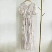 在飛比找momo購物網優惠-【MANI 瑪尼】韓製 碎花銀線V領綁帶洋裝-膚色(碎花洋裝