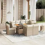 9 Piece Garden Sofa Set with Cushions Beige Poly Rattan Patio Bar Sets