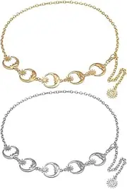 [lixulluo] 2 PCS Metal Waist Chain Belt Adjustable Silver&Gold Chain Belt Moon Star Link Belt Fashion Sun Body Belly Belt Chains for Women Girls Jeans Dress Coat Decorative, One Size, Metal