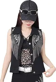 [Bciopll] Women's Fashion Denim Vest Jacket Rivet Tassel Sequin Fit Short Slim Cowboy Outerwear