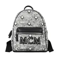 在飛比找momo購物網優惠-【MCM】MCM 針織字母LOGO提花布滾邊牛皮拉鍊後背包(