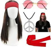 SlowTon Hippie Accessories for Men - Retro Disco Outfit for Adult with Brown Wig Red Bandana Glasses and Peace Necklace, Men's 80s Vintage Fancy Dress for Halloween Party 80s 90s Disco Party