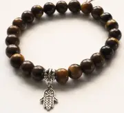 8mm Tigers Eye Crystal Gemstone Hamsa Hand Bracelet Protect Balance Protect Gift