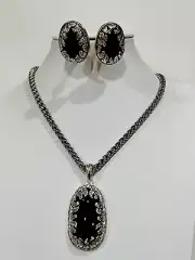 Vintage 1990s Silver Tone Lucite Faux Stone Necklace 18” Clip Earrings Set