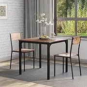 Retro 3 Piece Dining Set with Wood and Steel Frame Compact Kitchen Table and Chairs Space Saving Furniture for Kitchen Living Room Dining Room Brown Dining Set